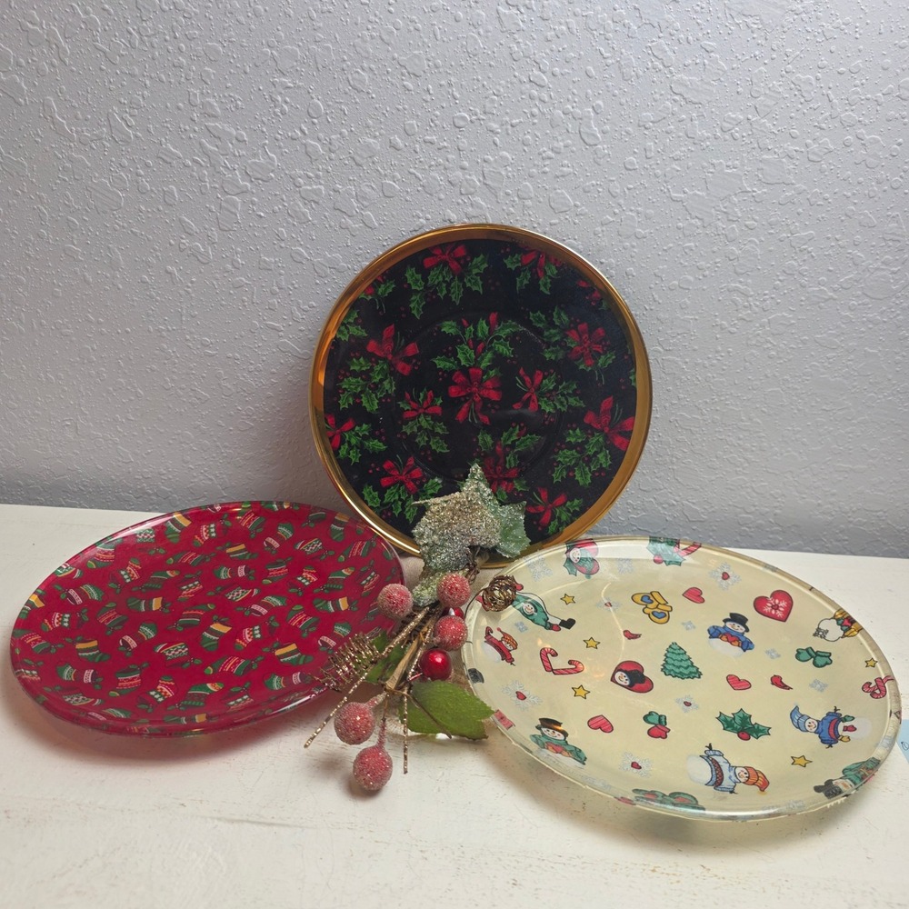 CLEARANCE 💲6️Christmas Decopauge Plates Set 3 Holiday Glass Serving Dishes 8 in